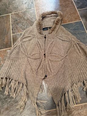 Women’s Line the Label Fringe-Trim Hooded Poncho Sweater in Taupe